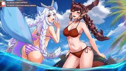 2d 2girls ass beach belly belly_button bikini blue_eyes breasts brown_hair canine_ears cat_ears cawfield cleavage curvy female female_only flustered huge_ass io_(paladins) large_breasts long_hair medium_breasts paladins palm_tree panties partially_submerged red_bikini sandyuwu6 shy silver_hair tail thick_thighs vora_(paladins) wide_hips yellow_eyes