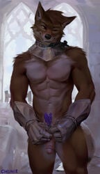 1boy 2021 anthro armor athletic athletic_anthro athletic_male canid canine canis chunie detailed_background ethiopian_wolf flaccid flower foreskin furry gauntlets genitals gloves handwear highres holding_object humanoid_genitalia humanoid_penis indoors looking_aside male male_only mammal navel nipples nude penis plant smile solo standing testicles uncut