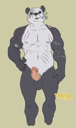 2021 anthro beastars bite_mark erection front_view genitals giant_panda gouhin hand_on_hip hand_on_leg hand_on_thigh humanoid_genitalia humanoid_penis male male_only mammal muscular muscular_anthro muscular_male nipples pecs penis portrait scar solo standing thorso_the_vile three-quarter_portrait ursid