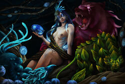 1girls animals bear blue_hair breast_out breast_outside breasts brown_nipples catake female functionally_nude functionally_nude_female glowing_eyes grinding_gear_games holding_object leaning_on_hand light-skinned_female light_skin looking_at_viewer medium_breasts mostly_nude nature nature_background oshabi pale pale-skinned_female pale_skin partially_clothed path_of_exile practically_nude ribs roaring smug smug_face thick_thighs