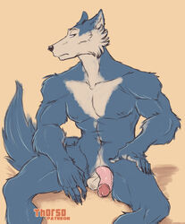 2021 anthro balls beastars blue_body blue_fur canid canine canis claws flaccid front_view fur genitals humanoid_genitalia humanoid_penis male mammal miyagi_(beastars) muscular muscular_anthro muscular_male nude pecs penis portrait sitting solo thorso_the_vile three-quarter_portrait wolf