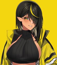 abs big_breasts black_hair cleavage dark-skinned_female dark_elf dark_hair dark_skin elf elf_ears elf_female fangs female female_only hair_between_eyes hair_over_one_eye lilith_(lilycious) lilycious long_hair looking_at_viewer mole mole_on_breast mole_under_mouth multicolored_hair pointy_ears undressing virgin_killer_sweater yellow_eyes yellow_hair