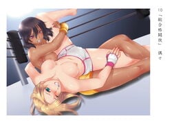 2girls breasts cameltoe catfight clenched_teeth female_only fighting fingerless_gloves legs_held_open legscissors multiple_girls nipples only_female remora_works shorts submission sweat topless wrestling wrestling_ring