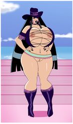 1girls annon bimbo bimbofication cowboy_hat dark_hair degrading_accessory female female_only hat high_heels hoop_earrings large_breasts long_hair microskirt nico_robin nipples no_panties one_piece slut_cap smile solo uncensored