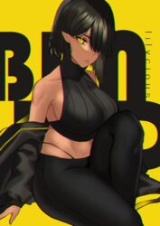 abs bare_shoulders big_breasts black_hair black_legwear black_panties dark-skinned_female dark_elf dark_hair dark_skin elf elf_ears elf_female female female_only gloves hair_between_eyes hair_over_one_eye leggings lilith_(lilycious) lilycious looking_at_viewer mole mole_on_breast mole_under_mouth multicolored_hair navel one_eye_covered one_leg_up pointy_ears short_hair sideboob sitting virgin_killer_sweater yellow_background yellow_eyes yellow_hair