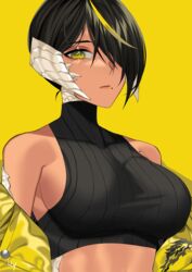 abs big_breasts black_hair dark-skinned_female dark_elf dark_hair dark_skin elf elf_ears elf_female female female_only hair_between_eyes hair_over_one_eye horned_humanoid horns lilith_(lilycious) lilycious looking_at_viewer mole mole_on_breast mole_under_mouth multicolored_hair pointy_ears scales short_hair virgin_killer_sweater yellow_background yellow_eyes yellow_hair