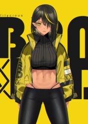 abs belly_button big_breasts black_hair black_legwear black_panties dark-skinned_female dark_elf dark_hair dark_skin elf elf_ears elf_female female female_only hair_between_eyes hair_over_one_eye leggings lilith_(lilycious) lilycious looking_at_viewer mole mole_under_mouth multicolored_hair navel one_eye_covered pointy_ears short_hair virgin_killer_sweater yellow_background yellow_eyes yellow_hair