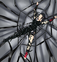 1girls arms_up black_hair bondage brown_eyes corruption kas-min legs_apart legs_spread marvel marvel_comics medium_breasts peril ponytail restrained samurai_champloo shorts sleeveless_shirt spider_web straight_hair supervillain transformation venom_(marvel) yatsuha_imano