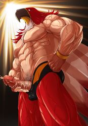 abs absurd_res animal_head animal_humanoid anthro avian avian_humanoid beak biceps bodily_fluids bottomwear clothing cum cumshot ejaculation fatal_fury for_a_head garou:_mark_of_the_wolves genital_fluids genitals hi_res humanoid king_of_fighters looking_down male male_only muscular muscular_anthro muscular_male pants pecs penis solo tizoc vein veiny_muscles veiny_penis うずら