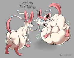 balls belly big_belly bow digestion digestion_noises duo eeveelution english_text feral fur genitals hi_res male male/male nintendo pink_body pink_fur pokémon_(species) pokemon raised_tail ribbons rumbling_stomach sassylebraix sylveon text thick_thighs video_games vore white_body