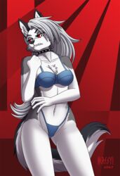 1girls 5_fingers anthro black_nose bra breasts canid canid_demon canine chest_tuft claws cleavage clothed clothing collar demon digital_media_(artwork) ear_piercing ear_ring eyelashes female female_only fingers frown fur hair helluva_boss heresy_(artist) hi_res humanoid_hands inner_ear_fluff long_hair looking_at_viewer loona_(helluva_boss) mammal multicolored_body multicolored_fur navel notched_ear panties piercing red_sclera scowl signature solo spiked_collar standing teeth tuft underwear vivienne_medrano white_body white_eyes white_fur