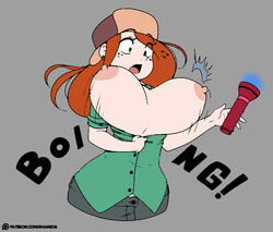 1girls 2015 3mangos bouncing_breasts breast_expansion breast_grab breast_growth breasts bursting_breasts clothing crystal_flashlight disney disney_channel female female_only freckles gravity_falls grey_background hat huge_breasts human human_only long_hair nipples no_bra onomatopoeia open_mouth open_shirt pants shirt sketch smooth_skin solo text ushanka wardrobe_malfunction wendy_corduroy