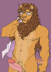 2021 anthro athletic athletic_anthro athletic_male beastars big_penis brown_hair cigarette clothing erection eyewear felid front_view fur genitals glasses hair holding_clothing holding_object humanoid_genitalia humanoid_penis ibuki_(beastars) lion male male_only mammal mane mature_male nude pantherine penis portrait solo thorso_the_vile three-quarter_portrait yellow_body yellow_fur