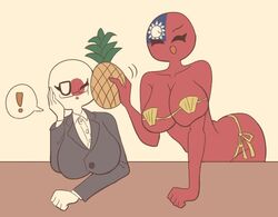 bra cocomooooochi countryhumans countryhumans_girl female glasses japan japan_(countryhumans) japanese_flag lost_social_credits pineapple shells shells_on_breast taiwan taiwan_(countryhumans) taiwanese_flag uniform work yuri