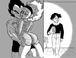 1girls 2boys afro ass ass_grab blush bulma_(afro) bulma_briefs cuckold dragon_ball dragon_ball_z female funsexydragonball grinding_through_clothes hiding male monochrome muscular muscular_male netorare pussy_juice shounen_jump smirk straight vegeta wet_pussy yamcha