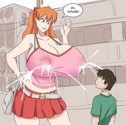 accidental_exposure asuka_langley_sohryu clothing erect_nipples erect_nipples_under_clothes giantess huge_breasts implied_breast_expansion implied_growth lactation lactation_through_clothes lactation_without_expressing large_breasts milk mini_giantess neon_genesis_evangelion public_exposure rexcrash64 shinji_ikari skirt smaller_male spraying_milk tagme translated