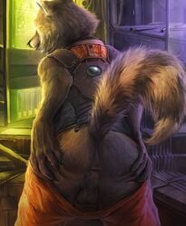 1boy 2021 alexalaz anthro anus ass backsack balls brown_body brown_fur clothed clothing fur genitals guardians_of_the_galaxy hi_res male male_only mammal marvel multicolored_body multicolored_fur pants_down partially_clothed presenting presenting_hindquarters procyonid raccoon rocket_raccoon solo spread_butt spreading