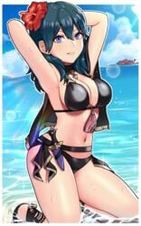 1girls absurdres armpits arms_behind_head arms_up artist_name bangs bare_shoulders beach bikini black_bikini black_cape black_footwear blue_eyes blue_hair blue_sky breasts byleth_(fire_emblem) byleth_(fire_emblem)_(female) byleth_(summer)_(fire_emblem)_(female) cape cleavage cloud commentary dagger day diffraction_spikes eyebrows_visible_through_hair female fire_emblem fire_emblem:_three_houses fire_emblem_heroes flower hair_between_eyes hair_flower hair_ornament highres horizon kneeling large_breasts lens_flare light_blush long_hair looking_at_viewer midriff navel nintendo ocean outdoors parted_lips sandals sarukaiwolf sidelocks sky smile solo sparkle sunlight swimsuit teal_hair weapon wet