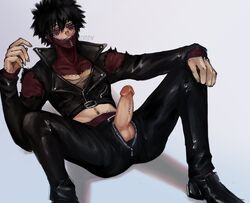 1boy black_hair burn_scar dabi erect_penis erection genital_piercing genitals ldnsfw leather leather_clothing leather_jacket leather_pants legs_apart male male_only my_hero_academia penis penis_out pierced_genitals piercing scar scars solo solo_male todoroki_touya touya_todoroki white_background