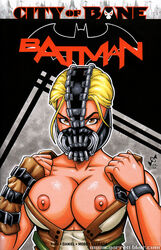 1girls 2021 bane batman_(series) big_breasts blonde_hair breasts bust cleavage comic_cover covered_mouth dc_comics garrett_blair mask nipples presenting_breasts rule_63 solo solo_female tagme undressing