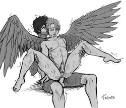 2boys anal anal_sex bare_arms bare_chest bare_shoulders bare_thighs barefoot boku_no_hero_academia burn_scar dabi feathered_wings felixondrygs gay genital_piercing genitals hawks_(my_hero_academia) jacob's_ladder keigo_takami legs_held_open male male/male monochrome my_hero_academia nude nude_male open_mouth penetration penis_in_ass piercings scar scars takami_keigo todoroki_touya touya_todoroki wings yaoi