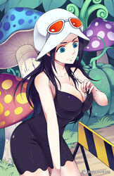 1girls breasts cleavage dress dressrosa eyewear_on_head female female_only giantess giantess-fan-comics hat huge_breasts nico_robin one_piece shounen_jump sunglasses sunglasses_on_head