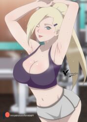 1girls :p agung911 armpits arms_up bangs bare_shoulders big_breasts blonde_hair blue_eyes boruto:_naruto_next_generations breasts busty cleavage clothing female female_only gym hair_over_one_eye ino_yamanaka looking_at_viewer midriff naruto naruto_(series) naruto_shippuden no_underwear ponytail posing shorts shounen_jump smile sports_bra sportswear steaming_body sweat sweatdrop sweaty tied_hair tongue tongue_out wide_hips