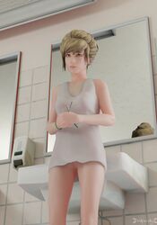 1girls 3d bathroom blender blonde_hair bottomless exposed exposed_pussy female female_only from_below glasses_removed kate_marsh legs life_is_strange nervous partially_clothed pussy pussy_slip shirt shirt_only showers sink solo surprised surprised_expression vulpeculy white_skin