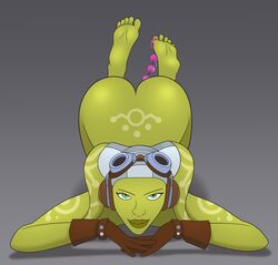 1girls anal_beads ass big_ass female_focus female_only green_eyes hera_syndulla highres looking_at_viewer posing rivawi simple_background smile solo star_wars star_wars_rebels twi'lek