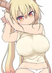 1girls big_breasts blonde_hair breasts cool-kyou_shinja dragon_horns female_only horns large_breasts long_hair miss_kobayashi's_dragon_maid official_art panties red_eyes shirt slit_pupils solo solo_female solo_focus tohru_(dragon_maid) white_panties