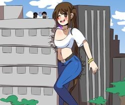 1girls bare_midriff big_breasts blush brown_eyes brown_hair building_destruction city destruction fully_clothed giantess herretik kaiju macro_female mari_(herretik) micro micro_on_macro original stuck tagme tight_clothing