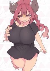 1girls big_breasts black_shirt breasts cool-kyou_shinja dragon_horns horns huge_breasts ilulu_(dragon_maid) large_breasts long_hair miss_kobayashi's_dragon_maid official_art red_eyes red_hair sharp_teeth shirt smile solo solo_female solo_focus twin_drills