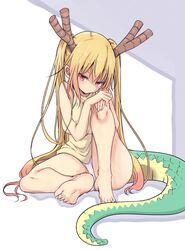 1girls big_breasts blonde_hair breasts cool-kyou_shinja dragon_horns dragon_tail female_only horns large_breasts long_hair miss_kobayashi's_dragon_maid official_art panties red_eyes solo solo_female solo_focus tail tohru_(dragon_maid) white_panties