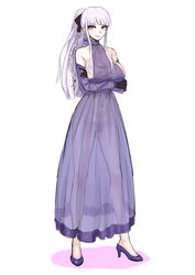 akizora areolae big_breasts breasts confident danganronpa dress female female_only heels kirigiri_kyouko no_bra no_panties pink_hair purple_eyes purple_pubic_hair see-through see-through_dress smooth_skin smug_smile