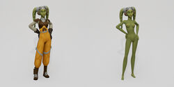 1girls breasts clothed clothing female_focus female_only green_eyes habari hera_syndulla looking_at_viewer medium_breasts nipples nude posing simple_background smile solo star_wars star_wars_rebels twi&#039;lek white_background