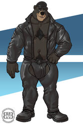 2021 2:3 5_fingers anthro barazoku belly belt biped black_bear black_body black_clothing black_fur black_hat black_headwear blue_eyes body_hair boots bottomwear bruteandbrawn chest_hair chest_tuft clothed clothing countershade_face countershading dael digital_media_(artwork) fingers footwear fur grin hand_on_hip hat headgear headwear hi_res jacket jockstrap leather leather_bottomwear leather_clothing leather_daddy leather_jacket leather_jockstrap leather_pants leather_topwear looking_at_viewer male mammal mature_male monotone_body monotone_fur musclegut muscular muscular_anthro muscular_male navel open_clothing open_jacket open_mouth open_topwear pants pecs pose pubes slightly_chubby smile solo standing tan_body tan_fur topwear tuft underwear ursid ursine watermark