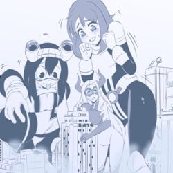 3girls city giantess herretik monochrome mount_lady my_hero_academia ochako_uraraka superheroine tagme tsuyu_asui yuu_takeyama