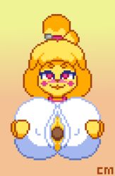 2018 animal_crossing animated anthro big_breasts blonde_hair breasts canid canine canine_ears canis clothing countmoxi disembodied_penis domestic_dog female genitals hair huge_breasts isabelle_(animal_crossing) low_res male male/female mammal nintendo nipple_outline paizuri paizuri_under_clothes penis perpendicular_paizuri sex short_playtime toy_dog video_games yellow_body