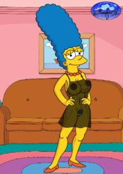 beehive_hairdo blue_hair disneyfansl hands_on_hips lingerie marge_simpson mature_female medium_breasts milf necklace pubic_hair see-through see-through_clothing solo solo_female the_simpsons