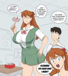 asuka_langley_sohryu big_breasts clothing huge_breasts huge_school_girl large_breasts larger_female neon_genesis_evangelion nipple_bulge penis_joke pun rexcrash64 sausage school_uniform shinji_ikari size_difference skirt tagme taller_female taller_girl