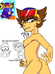 1boy 1girls ?! armpits ass breasts brown_hair confused dialogue english_text female female_focus focus genderswap_(mtf) hanzou_(newgrounds) looking_back male newgrounds nipples nude nudity pico's_school pico_(newgrounds) reverse_trap rule_63 sideboob speech_bubble sweat sweatdrop tagme visor