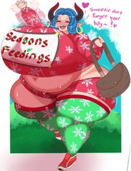 1girls bbw belly belly_button big_ass big_belly big_breasts blue_hair christmas chubby chubby_female closed_eyes earrings fladdy fladdykin hoop_earrings horns huge_ass huge_breasts huge_thighs hyper hyper_ass hyper_breasts hyper_butt massive_breasts milf original_character panties smile solo sweat sweater thick_thighs thighhighs tight_clothing waving wide_hips