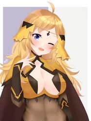 1girls absurdres ahoge alternate_breast_size bangs big_breasts blonde_hair blue_eyes blush breasts circlet commission eyebrows_visible_through_hair fire_emblem fire_emblem_fates highres large_breasts long_hair looking_at_viewer navel nintendo one_eye_closed open_mouth ophelia_(fire_emblem) sideboob upper_body wink xxalisa