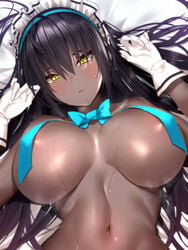 aqua_ribbon bangs bed_sheet black_hair blue_archive blush bow bowtie breasts cleaning_&_clearing_(blue_archive) dark_skin female gloves hands_up highres karin_(blue_archive) large_breasts long_hair looking_at_viewer lying maid_headdress millennium_science_school_student navel on_back ribbon solo sweat topless white_gloves yellow_eyes yuyu_(yuyuworks)