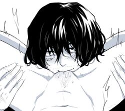 1boy 1boy1girl 1girls black_and_white bodily_fluids cunnilingus eating_pussy eye_contact female female_pov hand_on_thigh male male/female male_focus my_hero_academia oral oral_sex pov pubes pubic_hair pussy scar scar_on_face shiru_desu shouta_aizawa straight vagina