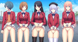 5girls ahoge annoyed bangs beret black_hair black_headwear black_legwear blue_eyes blue_hair blue_neckwear blue_sky blush bob_cut bow bowtie braid breasts brown_hair buttons censored classroom_of_the_elite clenched_hand closed_mouth cloud collared_shirt commentary_request daiaru day eyebrows_visible_through_hair fence flat_chest hair_intakes hair_ribbon hairband hand_up hands_up happy hat horikita_suzune ibuki_mio ichinose_honami_(cote) jacket kushida_kikyou legs_together lifted_by_self long_hair long_sleeves looking_at_viewer medium_breasts miniskirt mosaic_censoring mountain multiple_girls nervous no_panties open_clothes open_jacket open_mouth orange_hair orange_vest outdoors pleated_skirt pocket profile pubic_hair pussy pussy_juice red_eyes red_jacket ribbon rooftop sakayanagi_arisu school_uniform schoolgirls shiny shiny_hair shiny_skin shirt short_hair sidelocks sideways_mouth skirt skirt_lift sky smile standing thighhighs tied_hair vest white_hairband white_legwear white_ribbon white_shirt white_skirt youkoso_jitsuryoku_shijou_shugi_no_kyoushitsu_e