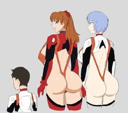 1boy 2girls ass asuka_langley_sohryu big_ass blue_hair breasts clothing female gainax human large_breasts light-skinned_female light_skin long_hair neon_genesis_evangelion orange_hair pale-skinned_female pale_skin pilot_suit rei_ayanami rexcrash64 shinji_ikari short_hair sling_bikini smaller_male stockings swimsuit tagme taller_female taller_girl thick_thighs thong wide_hips