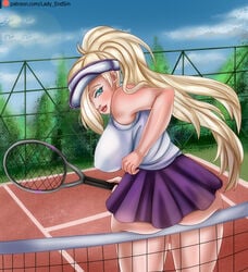 ass ass big_ass big_breasts big_butt blonde_hair blue_eyes boruto:_naruto_next_generations commentary commentary_request commission female female_focus female_only ino_yamanaka ladyendsm long_hair looking_back naruto patreon sportswear spots spotted_body tennis tennis_racket tennis_uniform