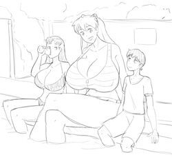 1boy 2girls asuka_langley_sohryu bikini black_and_white chilling clothing drinking_beer female large_breasts larger_female male misato_katsuragi monochrome multiple_girls neon_genesis_evangelion poolside rexcrash64 shinji_ikari size_difference sketch swimsuit water