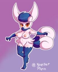 2021 anthro big_breasts blue_hair blush breasts digital_media_(artwork) embarrassed felid feline female fur furry furry_only genitals grumpy hair hi_res mammal meowstic nintendo nipples nyasplush pink_nipples pokémon_(species) pokemon pussy red_eyes simple_background solo tail thick_thighs video_games watermark white_body white_fur wide_hips yellow_sclera